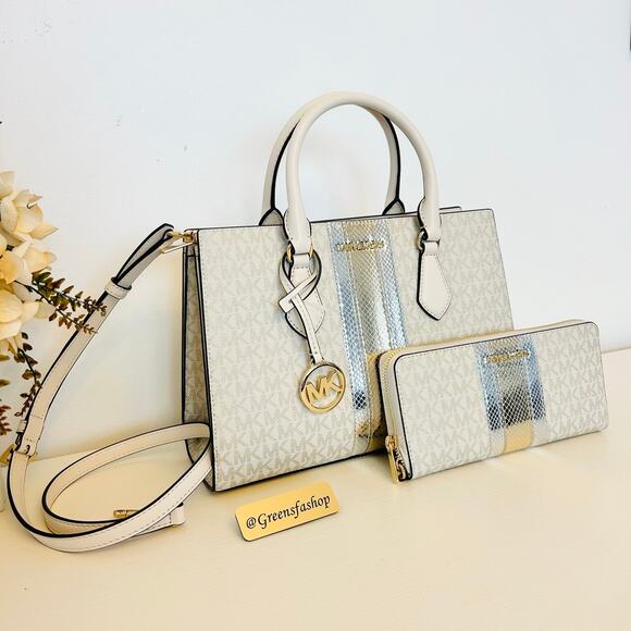 Michael Kors Purse & Wallet Sheila Medium Signature & Metallic Satchel Pale Gold